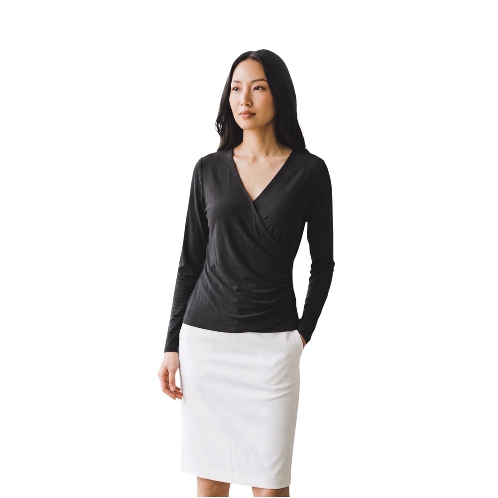 INC International Concepts Womens Deep Black Surplice Ruched Long Sleeve Top S